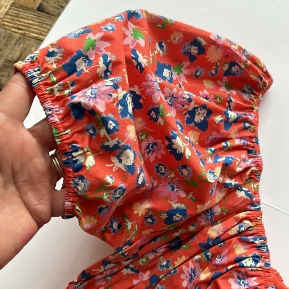 WAYF Red Floral Ditsy Print Puff Sleeve Milkmaid Mini Dress Medium - Picture 6 of 10